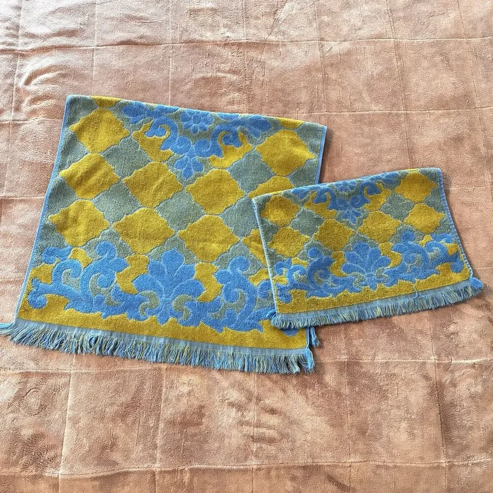 2 Vintage JC Penney Fashion Manor Bath Hand Towel Set MCM Blue Avocado Olive